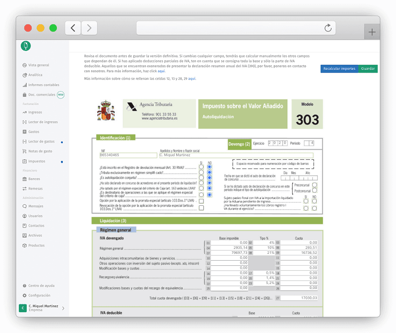 interface de la funcionalidad de Impuestos del software de facturación de Quipu