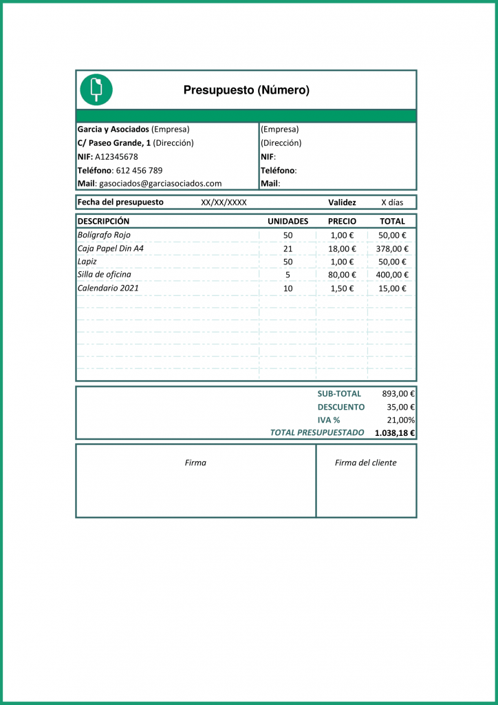 ejemplo plantilla de presupuesto en Excel 2