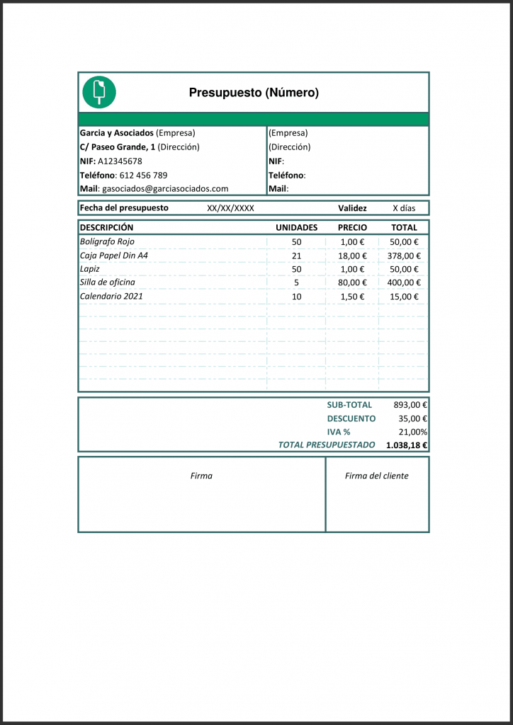 ejemplo plantilla de presupuesto en PDF