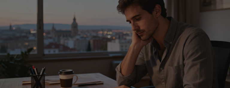 Autonomo Español hace contabilidad preocupado por la subida de cuotas. Se ve Madrid a través de la ventana