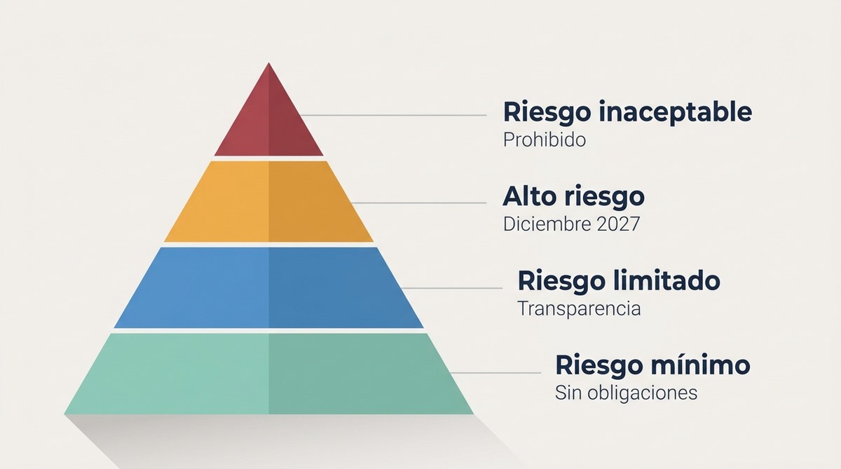 Pirámide con los cuatro niveles de riesgo del reglamento europeo de IA: inaceptable, alto, limitado y mínimo