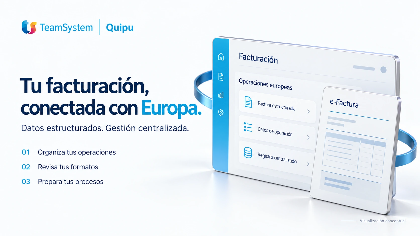 Visualización conceptual de facturación digital conectada con Europa: organizar operaciones, revisar formatos y preparar procesos