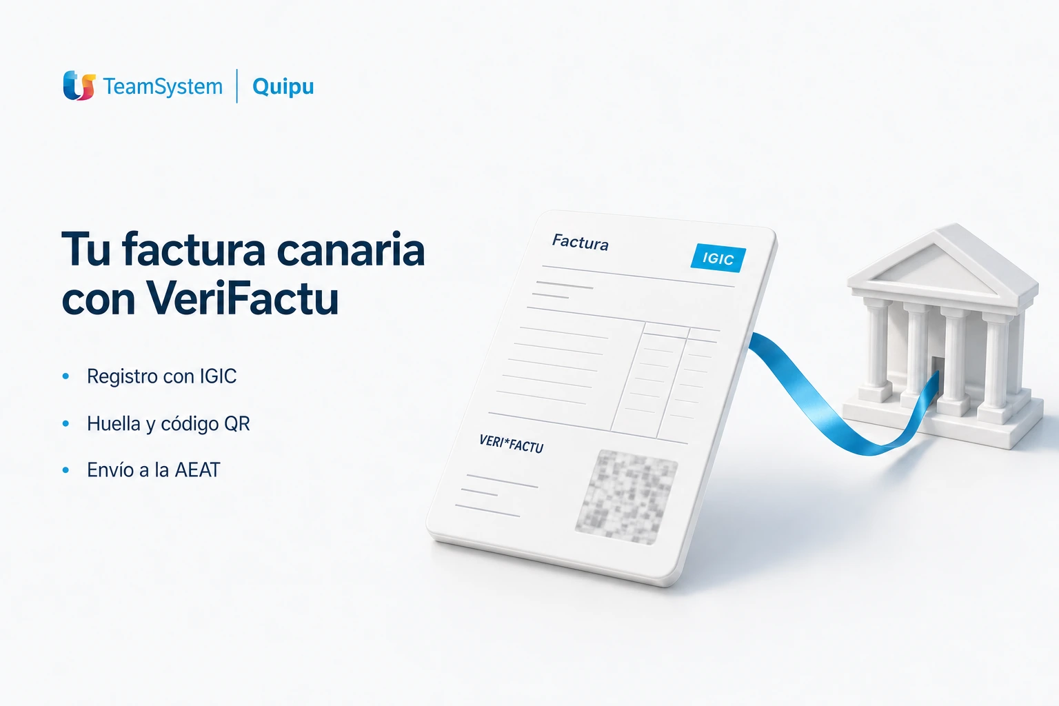 Visualización conceptual de una factura canaria con VeriFactu: registro con IGIC, huella y código QR y envío a la AEAT